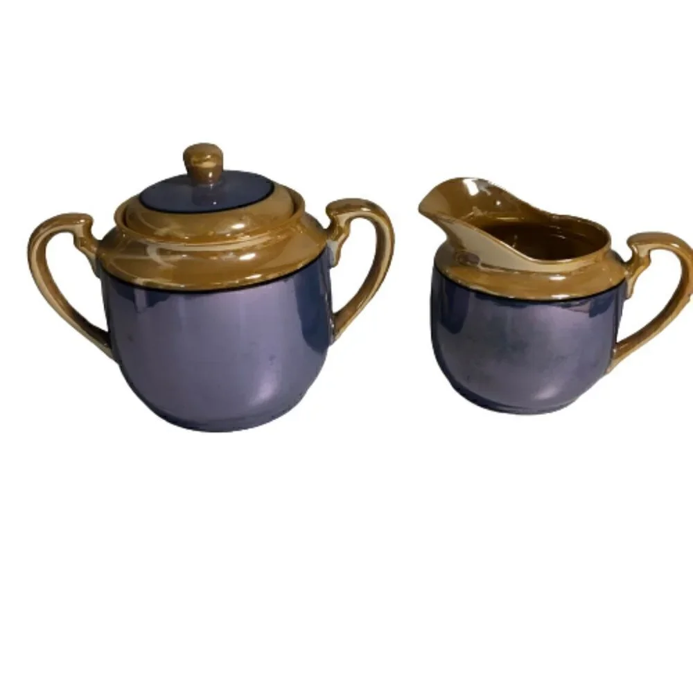 Blue Lusterware? - Creamer & Sugar Set - Floral - Made in Japan #83